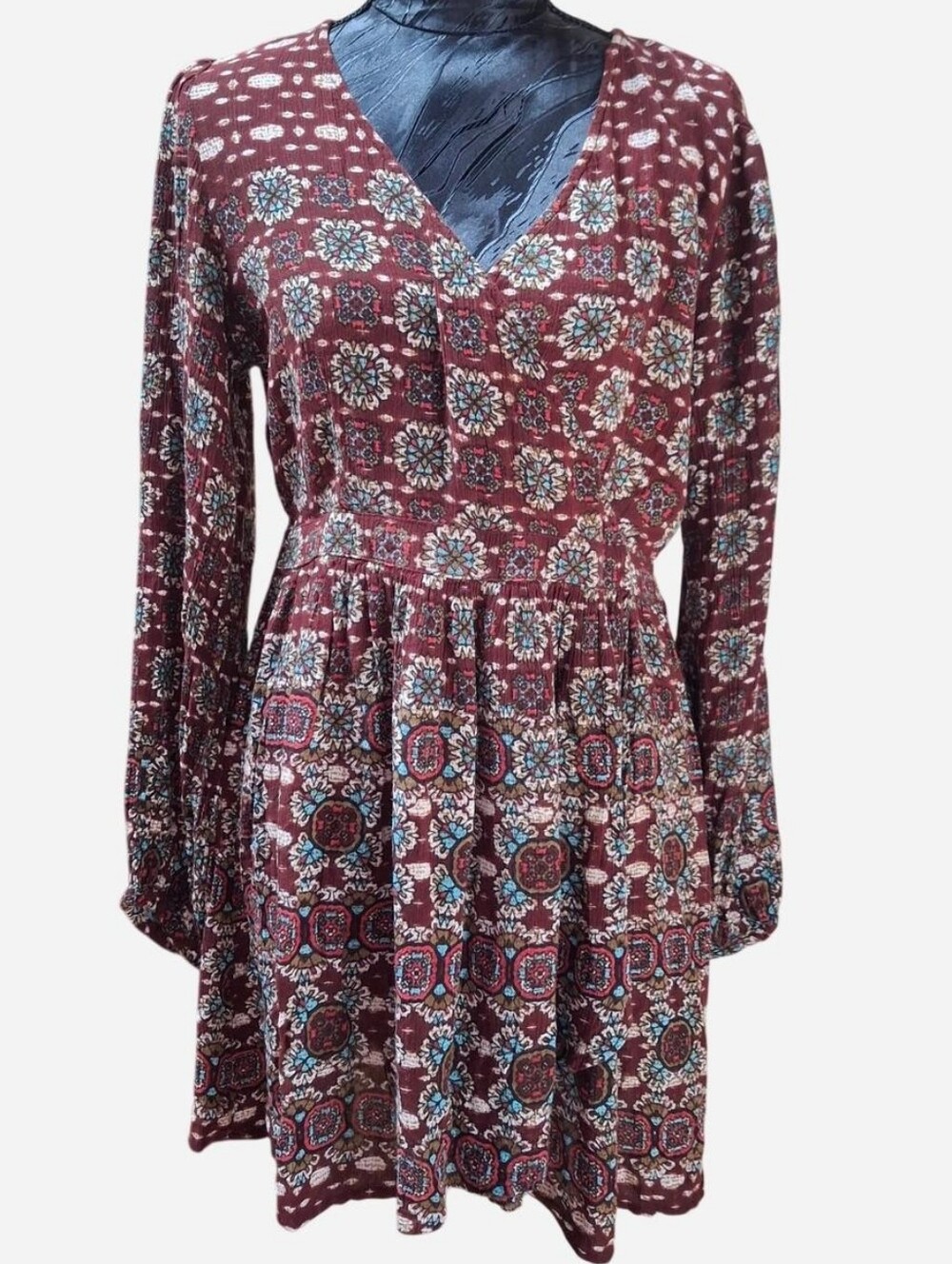 Patrons of Peace Burgundy Boho Paisley Faux Wrap Mini Dress Size M